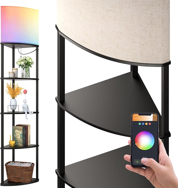 addlon Smart 5-Tier Shelf Floor Lamp with RGB Bulb and White Lamp Shade - Corner Display Floor Lamps with Shelves for Living Room, Bedroom and Office - Black - LeafyLoom