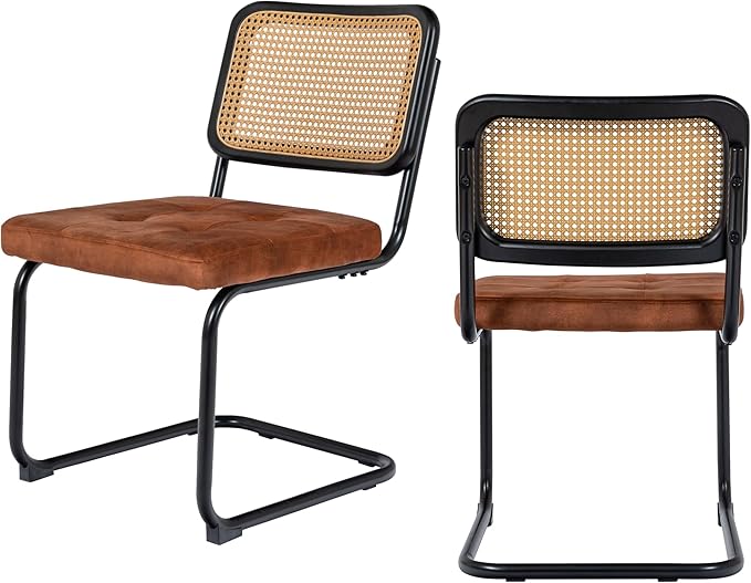 Mid Century Modern Dining Chairs Set of 2, Rattan Cantilever Kitchen Chairs, Dining Room Chairs Burnt Orange Upholstered, Solid Wood Cane Back, Black Stainless Chrome Base Heavy Duty - LeafyLoom