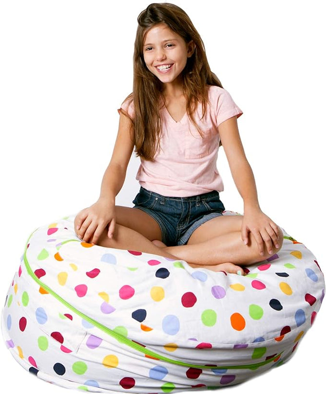 2 Sizes in 1 Stuffed Animal Storage Bean Bag Chair Cover for Kids & Adults | Washable XL Stuffie Seat | 100% Cotton | Pouf Organizer for Plush Toys, Linens, Quilts & Pillows | Polka Dots - LeafyLoom