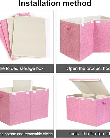 popoly 122L Large Toy Box Chest with Lid, Foldable Toy Storage Organizer Bin Boxes with Removable Divider for Kids, Boys, Girls, Nursery, Playroom, 26"x17" x17"(Linen Pink) - LeafyLoom