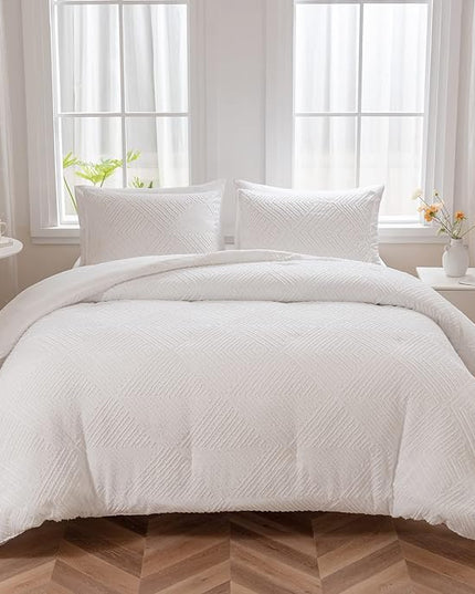 Queen Comforter Set, White Boho Bedding Comforter Sets Extra Fluffy, Tufted Design Bed Comforter 3 Pieces (1 Comforter, 2 Pillowcases) - LeafyLoom