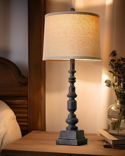 Oneach 27.75” Vintage Farmhouse USB A+C Table Lamps Set of 2 for Living Room Bedroom Traditional Bedside Nightstand Lamp Retro Resin Lamps Linen Shade Nightstand Home Office Antique Black Accent - LeafyLoom