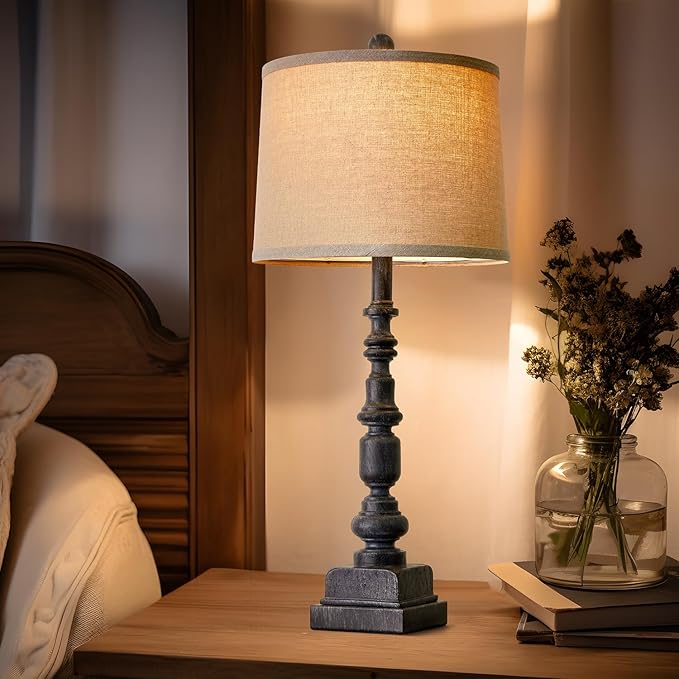 Oneach 27.75” Vintage Farmhouse USB A+C Table Lamps Set of 2 for Living Room Bedroom Traditional Bedside Nightstand Lamp Retro Resin Lamps Linen Shade Nightstand Home Office Antique Black Accent - LeafyLoom