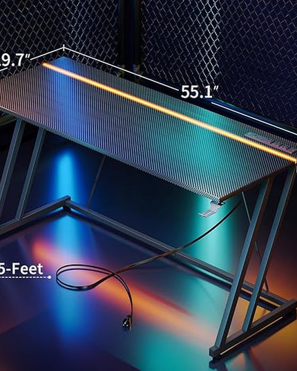 MOTPK Gaming Desk with LED Lights & Power Outlet, Computer Desk 55inch for Small Space, Cheap Gaming Table with Carbon Fiber Texture, Kids Desk Gift for Boys Men, Black - LeafyLoom