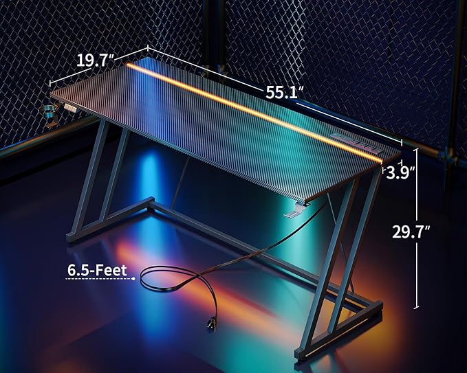 MOTPK Gaming Desk with LED Lights & Power Outlet, Computer Desk 55inch for Small Space, Cheap Gaming Table with Carbon Fiber Texture, Kids Desk Gift for Boys Men, Black - LeafyLoom