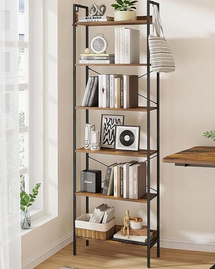 Bookshelf, Book Shelf, Industrial Bookcase with 2 Hooks, Coner Shelf Storage Organizer for Home Office, Living Room, Bedroom, Kitchen, 6-Tier Rustic Brown BC22701B - LeafyLoom