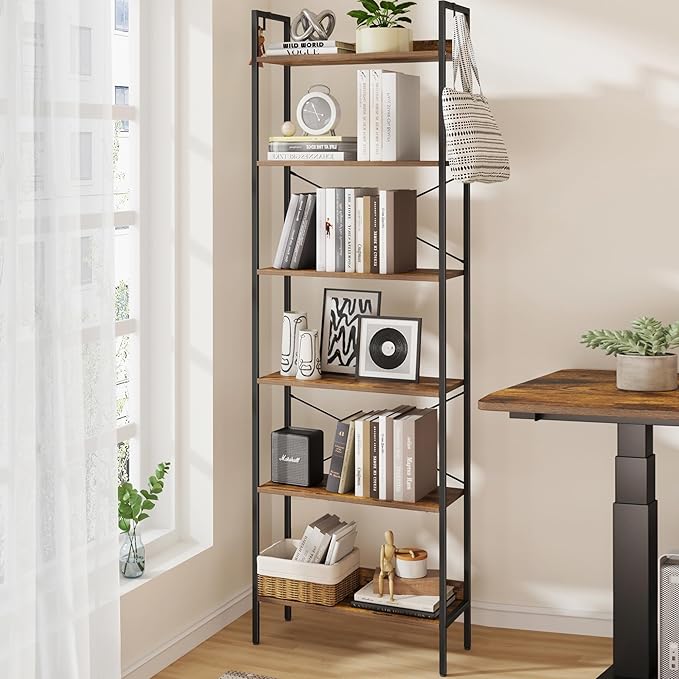 Bookshelf, Book Shelf, Industrial Bookcase with 2 Hooks, Coner Shelf Storage Organizer for Home Office, Living Room, Bedroom, Kitchen, 6-Tier Rustic Brown BC22701B - LeafyLoom