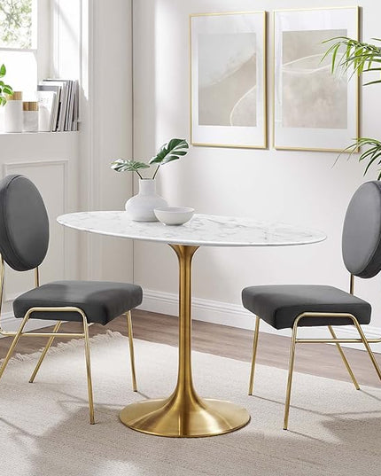 Modway Lippa 48" Oval-Shaped Mid-Century Modern Dining Table with Artificial Marble Top and Gold Base - LeafyLoom