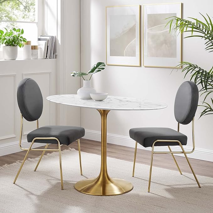 Modway Lippa 48" Oval-Shaped Mid-Century Modern Dining Table with Artificial Marble Top and Gold Base - LeafyLoom