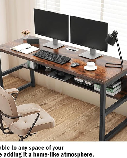 TOPSKY Computer Desk with Bookshelf/Metal Hole Cable Cover 1.18" Thick Desk (Rustic Brown, 63") - LeafyLoom
