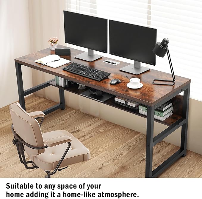 TOPSKY Computer Desk with Bookshelf/Metal Hole Cable Cover 1.18" Thick Desk (Rustic Brown, 63") - LeafyLoom