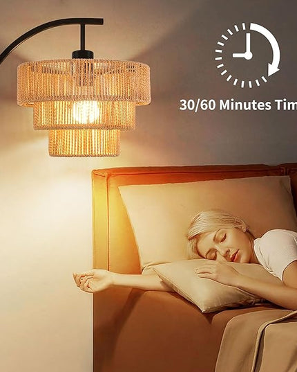 Arc Floor Lamp for Living Room with 3 Color Temperatures, Farmhouse Floor Lamps with Remote & Dimmable Bulb, Boho Standing Lamp with Rattan & 3-Tier Shades, Adjustable Tall Lamp for Bedroom,Corner - LeafyLoom