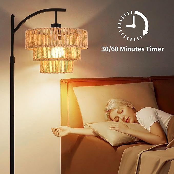 Arc Floor Lamp for Living Room with 3 Color Temperatures, Farmhouse Floor Lamps with Remote & Dimmable Bulb, Boho Standing Lamp with Rattan & 3-Tier Shades, Adjustable Tall Lamp for Bedroom,Corner - LeafyLoom