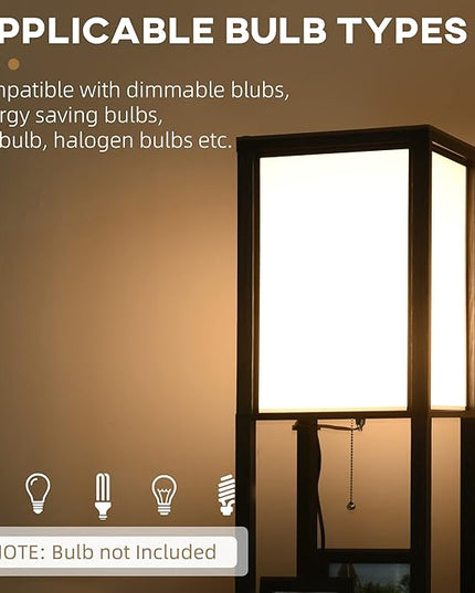 HOMCOM Modern Floor Lamp with Shelves & Dual Ambient Lighting, Tall Standing Lamp for Living Room, Bedroom with Fabric Lampshade (Bulb not Included), Black - LeafyLoom