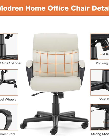 Sweetcrispy Executive Office Chair with Padded Armrests Adjustable Height, 360-Degree Swivel, Lumbar Support, PU Leather, Cream - LeafyLoom