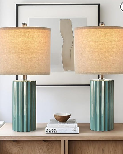 Oneach 21'' Farmhouse Ceramic Table Lamp Set of 2 for Bedroom Living Room House Decor Deep Blue Desk Lamps Home Office Dorm Rustic Modern Style Lamp - LeafyLoom