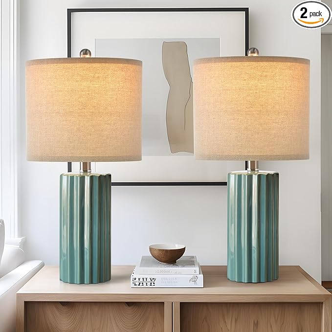 Oneach 21'' Farmhouse Ceramic Table Lamp Set of 2 for Bedroom Living Room House Decor Deep Blue Desk Lamps Home Office Dorm Rustic Modern Style Lamp - LeafyLoom