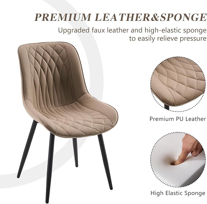 YOUNIKE Khaki Dining Chairs set of 2 with High Backs Mid Century Modern Kitchen & Dining Room Chairs PU Faux Leather Upholstered sillas de comedor Comfortable Large Padded Accent Chair with Metal Legs - LeafyLoom