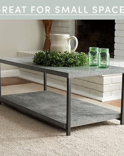 Household Essentials Jamestown Rectangular Coffee Table with Storage Shelf Rustic Slate Concrete and Black Metal, Grey - LeafyLoom