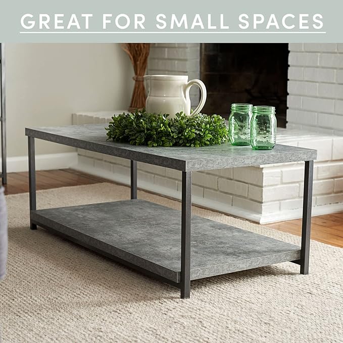 Household Essentials Jamestown Rectangular Coffee Table with Storage Shelf Rustic Slate Concrete and Black Metal, Grey - LeafyLoom