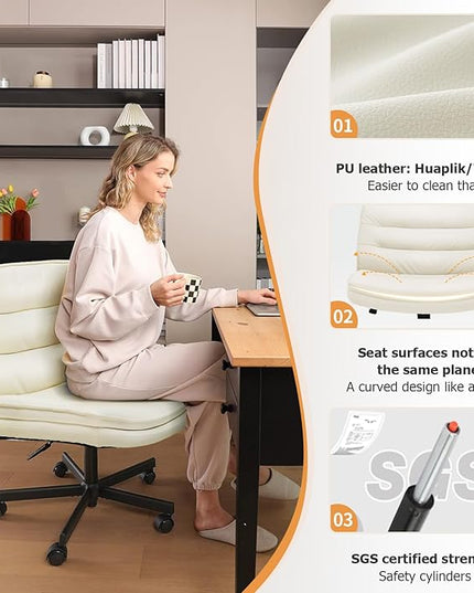 COMHOMA Criss Cross Chair with Wheels, Armless Wide Cross Legged Office Chair Mid Back, Modern Home Office Desk Chair Swivel Adjustable Vanity Computer Chair, Beige - LeafyLoom