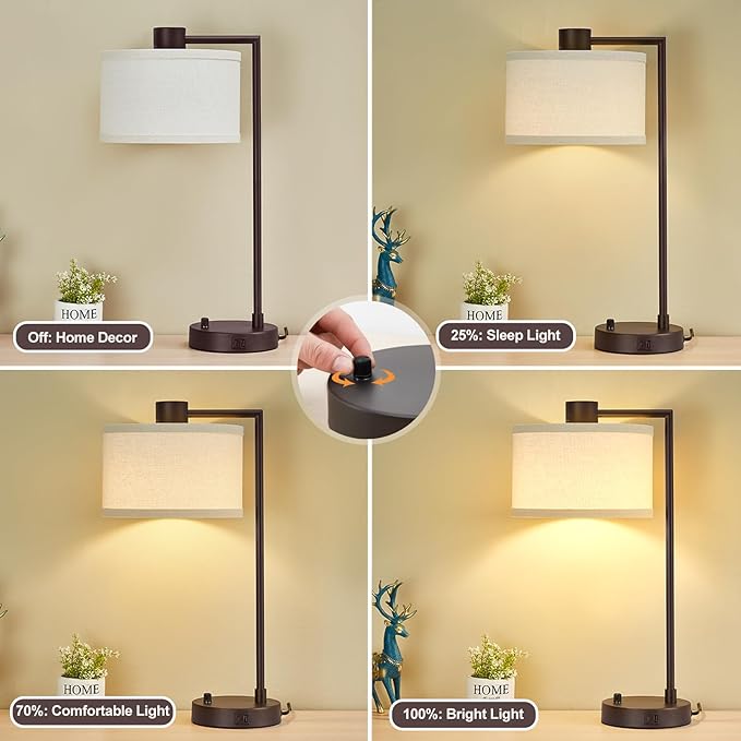 Luvkczc Table Lamp for Bedroom Set of 2 with USB C+A Ports - Fully Stepless Dimmable Bedside Lamp with Linen Lampshade - Contemporary Lamp for Living Room Reading Office, 2 Bulbs Included (Red Brown) - LeafyLoom