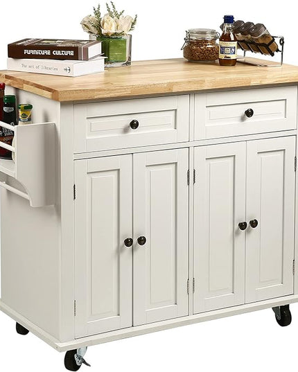 NSdirect Kitchen Island Cart,Kitchen Bar&Serving Cart Rolling on Wheels with Spice Rack Towel Holder Utility Storage Trolley with Storage Drawers for Home Hotel Kitchen Dinning Room(White) - LeafyLoom