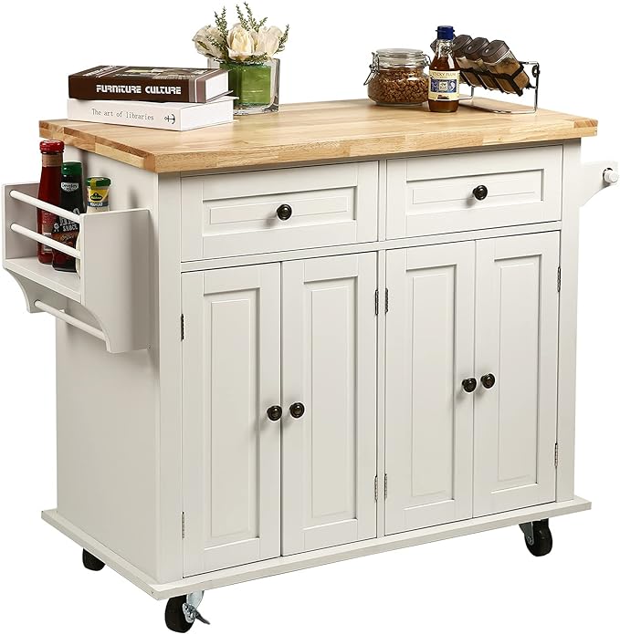 NSdirect Kitchen Island Cart,Kitchen Bar&Serving Cart Rolling on Wheels with Spice Rack Towel Holder Utility Storage Trolley with Storage Drawers for Home Hotel Kitchen Dinning Room(White) - LeafyLoom
