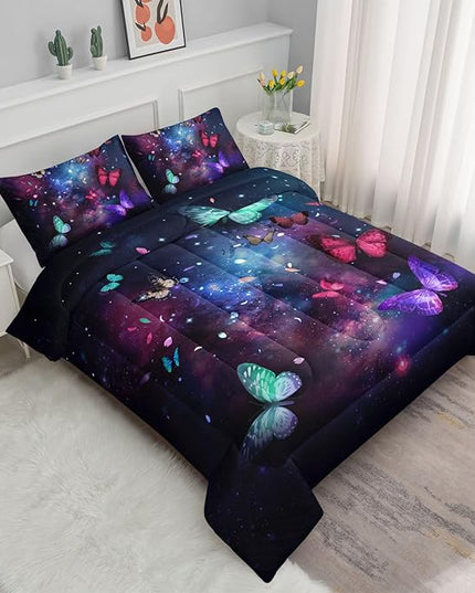 Datura home Butterfly Comforter Set for Girls Women,Colorful Butterflies in Space Galaxy Printed Black Bedding Set with 2 Pillowcases(Butterfly Galaxy Queen) - LeafyLoom