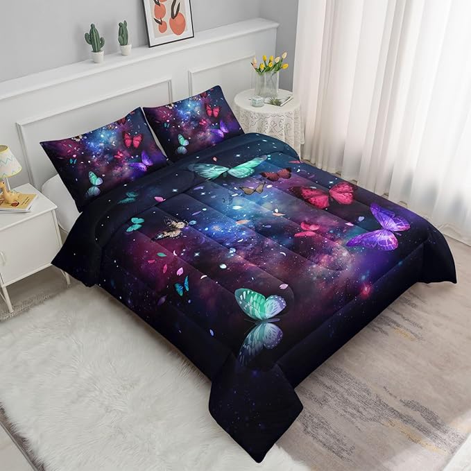 Datura home Butterfly Comforter Set for Girls Women,Colorful Butterflies in Space Galaxy Printed Black Bedding Set with 2 Pillowcases(Butterfly Galaxy Queen) - LeafyLoom