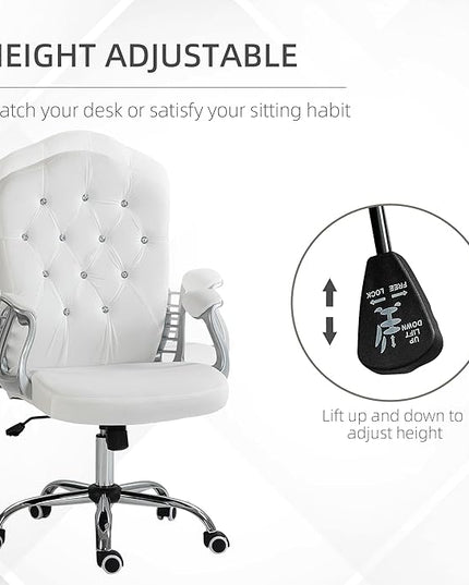 Vinsetto Home Office Chair, Velvet Computer Chair, Button Tufted Desk Chair with Swivel Wheels, Adjustable Height, and Tilt Function, White - LeafyLoom