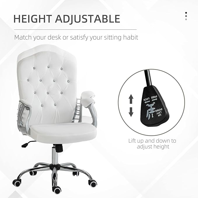 Vinsetto Home Office Chair, Velvet Computer Chair, Button Tufted Desk Chair with Swivel Wheels, Adjustable Height, and Tilt Function, White - LeafyLoom