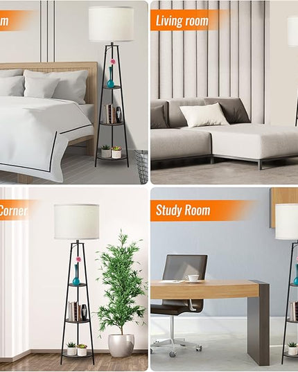 Floor Lamp, 3-Tier Round Corner Shelf Floor Lamp with 3 Dimmable Levels - Simple Standing Lamp with White Fabric Shade, Tall Modern Floor Lamps with Shelves for Bedroom, Living Room and Office - LeafyLoom
