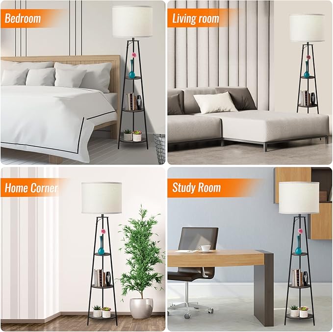 Floor Lamp, 3-Tier Round Corner Shelf Floor Lamp with 3 Dimmable Levels - Simple Standing Lamp with White Fabric Shade, Tall Modern Floor Lamps with Shelves for Bedroom, Living Room and Office - LeafyLoom