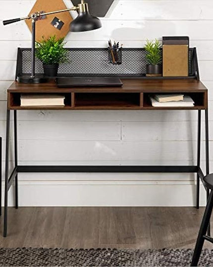 Walker Edison Industrial Mesh Wood Laptop Computer Writing Desk Home Office Workstation Small, 42 Inch, Dark Walnut - LeafyLoom