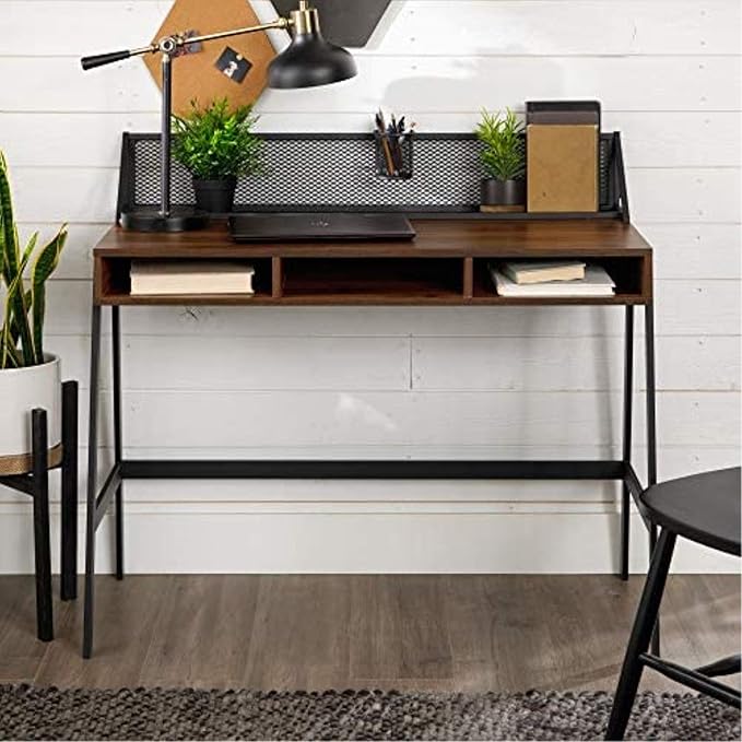 Walker Edison Industrial Mesh Wood Laptop Computer Writing Desk Home Office Workstation Small, 42 Inch, Dark Walnut - LeafyLoom