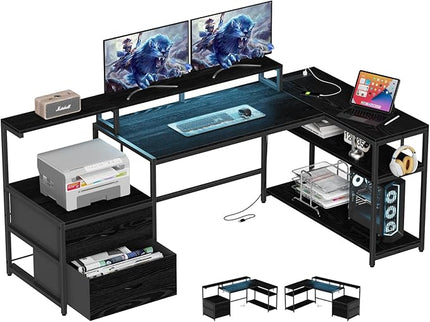 L Shaped Gaming Desk with File Drawes,Computer Desk with Led Lights & Power Outlets, Reversible Office Desk with Shelves Black - LeafyLoom