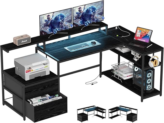L Shaped Gaming Desk with File Drawes,Computer Desk with Led Lights & Power Outlets, Reversible Office Desk with Shelves Black - LeafyLoom
