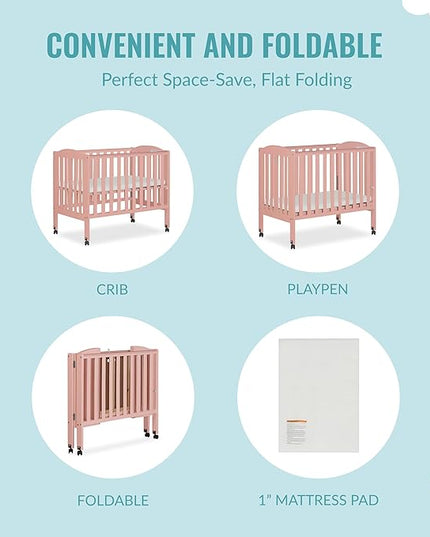 2-in-1 Portable Folding Stationary Side Crib in Dusty Pink, Greenguard Gold Certified, Two Adjustable Mattress Height Positions,Made of Solid Pinewood, Flat Folding Crib - LeafyLoom