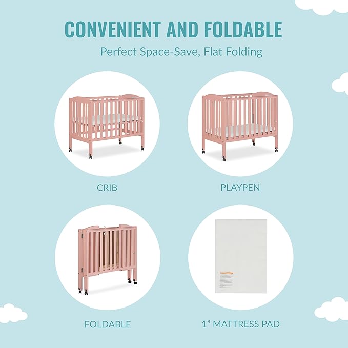 2-in-1 Portable Folding Stationary Side Crib in Dusty Pink, Greenguard Gold Certified, Two Adjustable Mattress Height Positions,Made of Solid Pinewood, Flat Folding Crib - LeafyLoom
