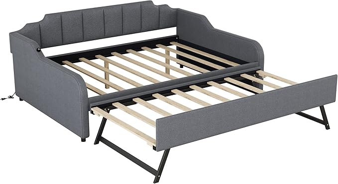 Full Size Daybed Frame with Pop up Trundle,Upholstered Day Bed with Charging Station,Daybed with Trundle Bed Full,Wood Sofa Bed Frame with USB for Bedroom, Living Room,Guest,Office,Full,Gray - LeafyLoom