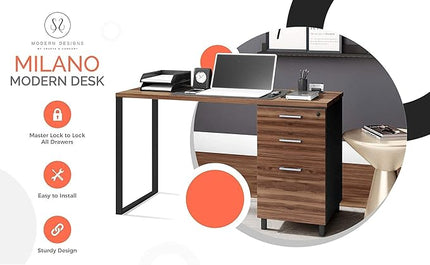 Milano Home Office Desk - 47Inch Cass Walnut/Black Home Office Desk with Drawers - Modern Computer Desk with Storage, Detachable & Lockable Computer Cabinet - Wooden Office, Study, and Writing Table - LeafyLoom