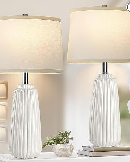Ceramic Table Lamps Set of 2, 25Inch Modern White Table Lamps for Bedroom Living Room with 3 Color Temperature - 3000K/4000K/6000K, Coastal Lamps for Nightstand Bedside with 2 LED Bulbs, 9W - LeafyLoom