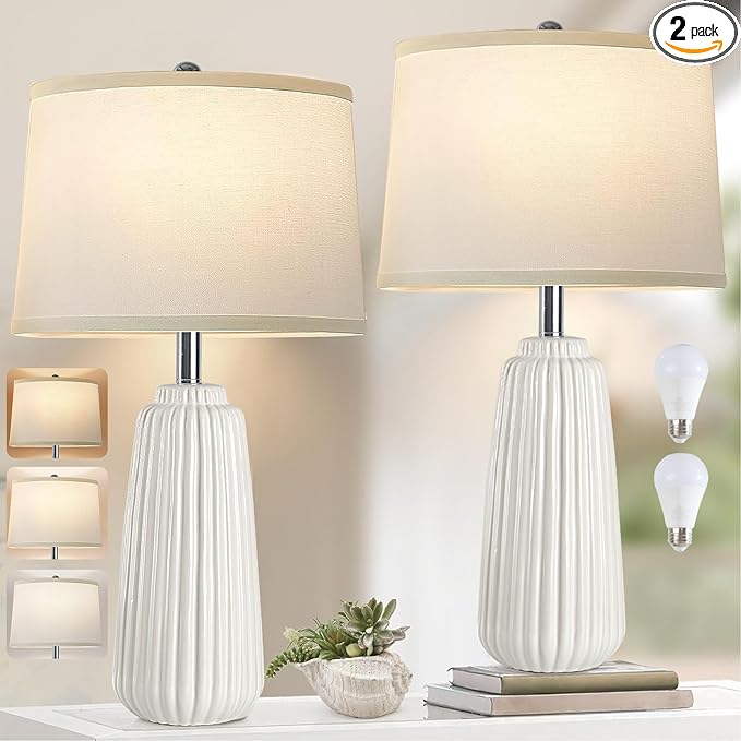 Ceramic Table Lamps Set of 2, 25Inch Modern White Table Lamps for Bedroom Living Room with 3 Color Temperature - 3000K/4000K/6000K, Coastal Lamps for Nightstand Bedside with 2 LED Bulbs, 9W - LeafyLoom