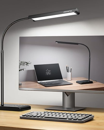 LED Desk Lamp, 12W Reading Desk Lamp for Office Home with 60 Lighting Modes, Touch Control & Timer Function, 750LM Bright Eye-Caring Gooseneck Desk Light Table Lamp for Study, Work, Black - LeafyLoom