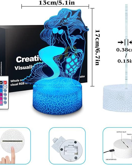 Mermaid Night Light,Gifts for Girls, 3D Illusion Lamp,Kids Bedside Lamp,16 Color Change Decor Lamp with Remote & Smart Touch, Gifts for Christmas Birthday - LeafyLoom