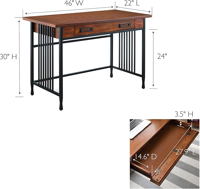 Leick Home 11200 Ironcraft Rustic Writing/Computer Desk with Drop Front Keyboard Drawer, Mission Oak and Black, 22x 46x 30, Brownbronze - LeafyLoom