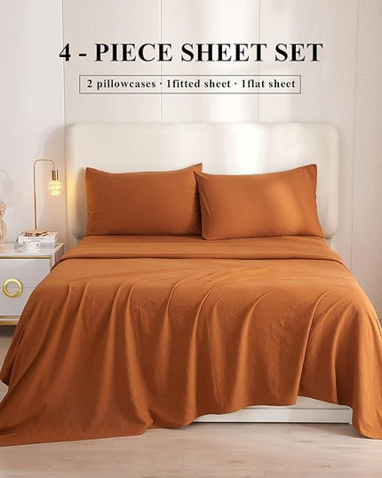 Caramel Pumpkin Sheets for Queen Size Bed,4 Piece Cooling Sheets Queen Deep Pocket up to 16 Inch,Solid Rust Bedding Sheets & Pillowcases Set,Wrinkle,Fade,Stain Resistant - 4 Piece(Queen,Pumpkin) - LeafyLoom