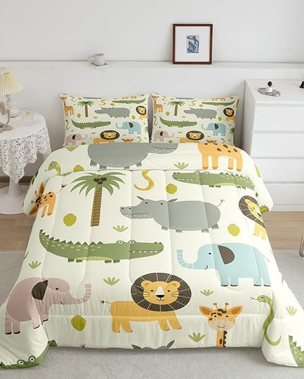 Feelyou Nursery Cute Wild Animals Bedding Set for Girls Boys Child Kids Cartoon Lion Giraffe Crocodile Comforter Decor Nature Wildlife Comforter Set Zoo Animal Duvet Set King Size Quilt Boys - LeafyLoom
