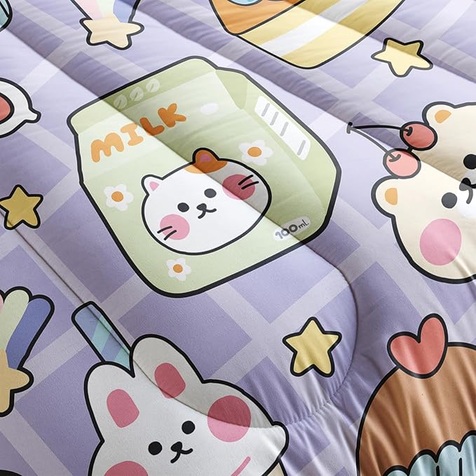 Kawaii Bear Comforter Set for Kids Teens Girls Women,Purple Bear Kids Comforter,1 Comforter with 2 Pillowcase, Microfiber 3 Piece Bedding Set,for All Seasons(Purple，Full Size) - LeafyLoom